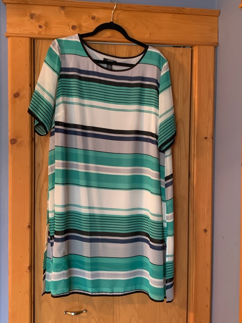 Alfani Striped Short Sleeve Tunic in Teal, Navy, Grey and White
